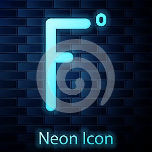 Glowing neon Fahrenheit icon isolated on brick wall background. Vector