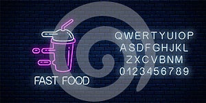 Glowing neon fast food sign with hurrying smoothie with alphabet. Fast delivery symbol in neon style