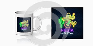 Glowing neon fiesta holiday sign for cup design. Mexican festival design with guitar, maracas, sombrero hat and cactus