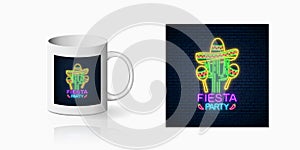 Glowing neon fiesta holiday sign for cup design. Mexican festival design with maracas, sombrero hat and cactus