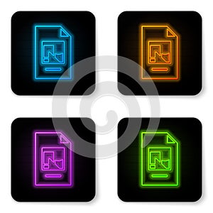 Glowing neon File document with illustration icon isolated on white background. Checklist icon. Business concept. Black