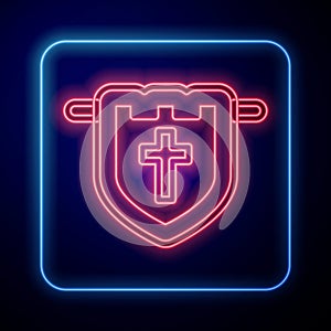 Glowing neon Flag with christian cross icon isolated on black background. Vector