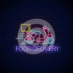 Glowing neon food delivery sign with delivering scooter. Fast delivery symbol in neon style