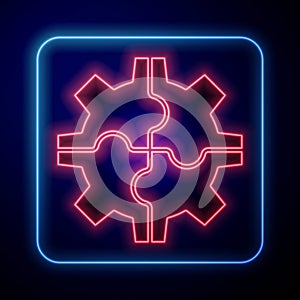 Glowing neon Gear icon isolated on blue background. Cogwheel gear settings sign. Cog symbol. Vector Illustration