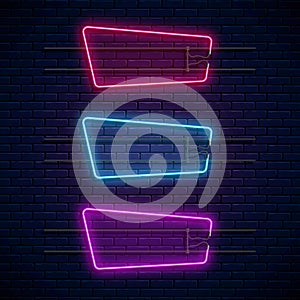 Glowing neon geometrical frames. Neon light banners set. Realistic glow signboard. Vector illustration