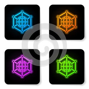Glowing neon Global technology or social network icon isolated on white background. Black square button. Vector