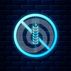 Glowing neon Gluten free grain icon isolated on brick wall background. No wheat sign. Food intolerance symbols. Vector