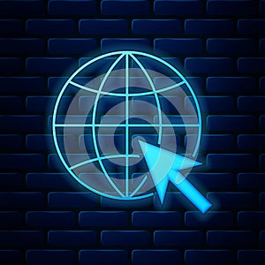 Glowing neon Go To Web icon isolated on brick wall background. Globe and cursor. Website pictogram. World wide web