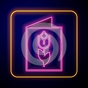 Glowing neon Greeting card with 8 March icon isolated on black background. International Happy Women Day. Vector