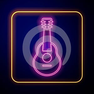 Glowing neon Guitar icon isolated on black background. Acoustic guitar. String musical instrument. Vector