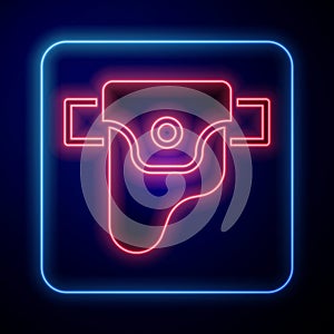 Glowing neon Gun in holster, firearms icon isolated on blue background. Vector