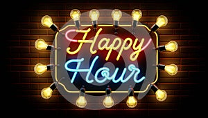 Glowing Neon Happy Hour Sign with Light Bulbs