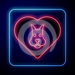 Glowing neon Heart with dog icon isolated on black background. Pet paw in heart. Love to the animals. Vector