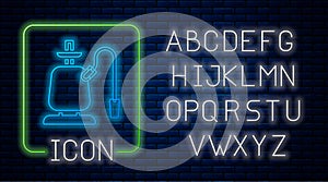 Glowing neon Hookah icon isolated on brick wall background. Neon light alphabet. Vector