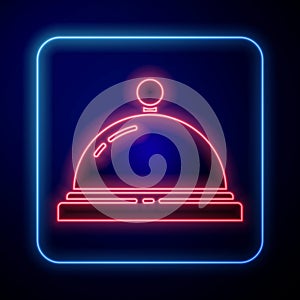 Glowing neon Hotel service bell icon isolated on blue background. Reception bell. Vector Illustration