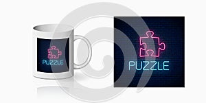 Glowing neon icon of logical concept print for cup design. Thinking game symbol on mug mockup