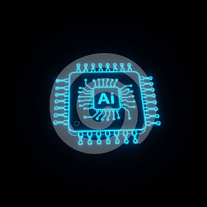 Glowing neon illustration of a microchip against a dark background. The chip features