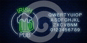 Glowing neon irish pub signboard in circle frame with alphabet. Luminous advertising sign of night club with bar