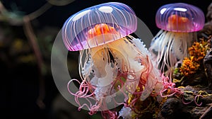 Glowing neon jellyfish with long tentacles. Glowing jellyfish swim deep in blue sea.