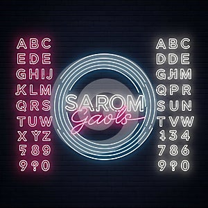 Neon Alphabet Numbers Sign with Text SAROM Gaols on Brick Wall, cyber monday, cyber monday shoping, black friday
