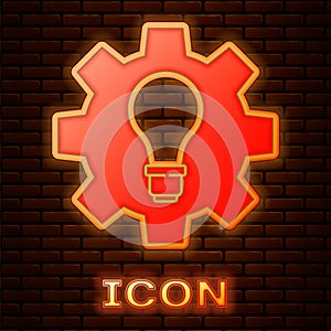 Glowing neon Light bulb and gear icon isolated on brick wall background. Innovation concept. Business idea. Vector