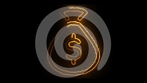 Glowing Neon Light Dollar Sign. USA Currency Digital Animation Isolated on Black Backdrop.