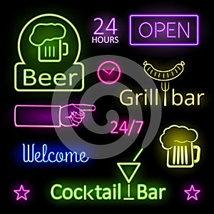 Glowing Neon Lights Bar Signs on Black Background