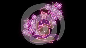 Glowing neon lights forming 2d animation of pregnant brunette Caucasian woman on alfa channel surrounded by blue tender