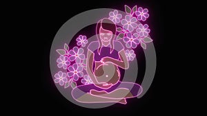 Glowing neon lights forming 2d animation of pregnant brunette Caucasian woman on violet background surrounded by blue