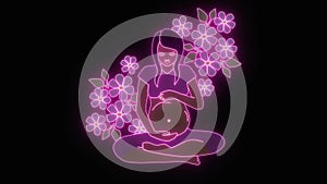 Glowing neon lights forming 2d animation of pregnant brunette multi-racial woman on purple background surrounded by blue