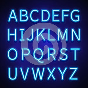 Glowing neon lights vector signs, typeset, letters, font, alphabet