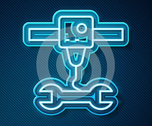 Glowing neon line 3D printer wrench spanner icon isolated on blue background. 3d printing. Vector