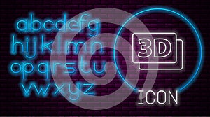Glowing neon line 3D word icon isolated on brick wall background. Neon light alphabet. Vector
