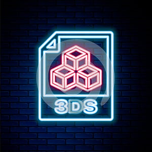 Glowing neon line 3DS file document. Download 3ds button icon isolated on brick wall background. 3DS file symbol