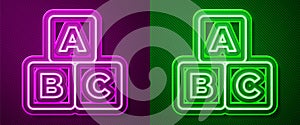 Glowing neon line ABC blocks icon isolated on purple and green background. Alphabet cubes with letters A,B,C. Vector