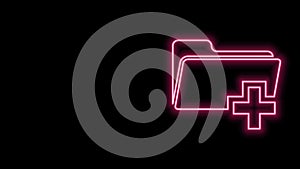 Glowing neon line Add new folder icon isolated on black background. New folder file sign. Copy document. Add attach