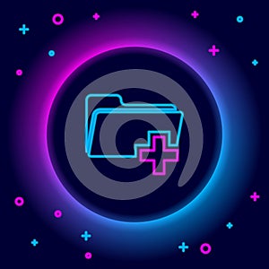 Glowing neon line Add new folder icon isolated on black background. New folder file sign. Copy document. Add attach