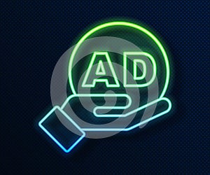 Glowing neon line Advertising icon isolated on blue background. Concept of marketing and promotion process. Responsive