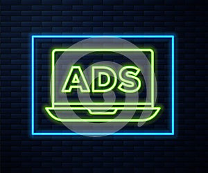 Glowing neon line Advertising icon isolated on brick wall background. Concept of marketing and promotion process
