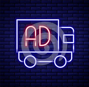 Glowing neon line Advertising on truck icon isolated on brick wall background. Concept of marketing and promotion