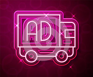 Glowing neon line Advertising on truck icon isolated on red background. Concept of marketing and promotion process