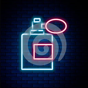 Glowing neon line Aftershave bottle with atomizer icon isolated on brick wall background. Cologne spray icon. Male