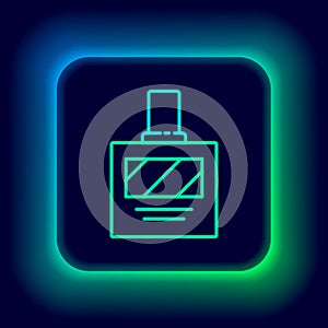 Glowing neon line Aftershave icon isolated on black background. Cologne spray icon. Male perfume bottle. Colorful