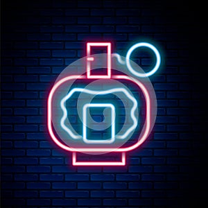 Glowing neon line Aftershave icon isolated on brick wall background. Cologne spray icon. Male perfume bottle. Colorful