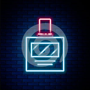 Glowing neon line Aftershave icon isolated on brick wall background. Cologne spray icon. Male perfume bottle. Colorful