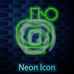 Glowing neon line Aftershave icon isolated on brick wall background. Cologne spray icon. Male perfume bottle. Vector