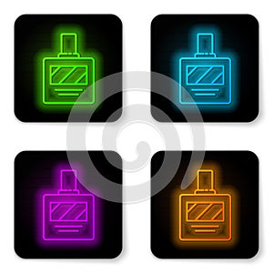 Glowing neon line Aftershave icon isolated on white background. Cologne spray icon. Male perfume bottle. Black square