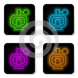 Glowing neon line Aftershave icon isolated on white background. Cologne spray icon. Male perfume bottle. Black square