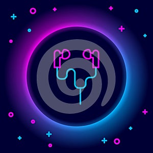 Glowing neon line Air headphones icon icon isolated on black background. Holder wireless in case earphones garniture