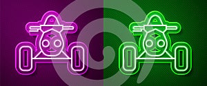 Glowing neon line All Terrain Vehicle or ATV motorcycle icon isolated on purple and green background. Quad bike. Extreme